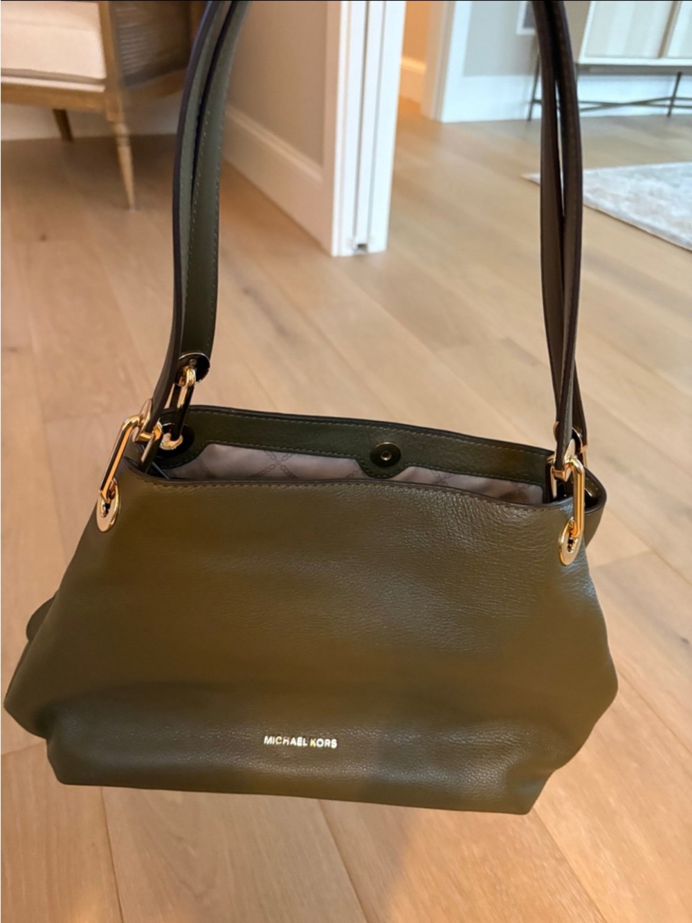 Michael Kors Olive Leather Shoulder Bag with Gold Hardware